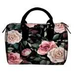 Dámská kabelka Barrel – textilní potisk Růže na černém pozadí