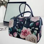 Dámská kabelka Barrel – textilní potisk Růže na černém pozadí