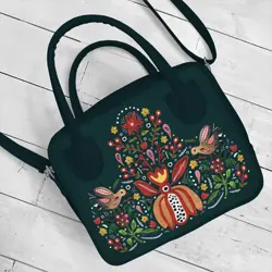 Dámská kabelka Kitto – sametový potisk Ptáci a květiny na zeleném pozadí