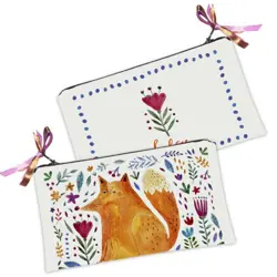 Kosmetická taška MINI – malá látková taštička s potiskem Liška a květiny na bílém pozadí