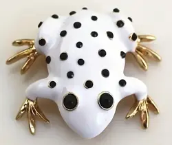 Brož ve tvaru žáby – kov a smalt, bílo-černá se zlatými detaily