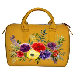 Dámská kabelka Barrel – textilní potisk květiny na žlutém podkladu