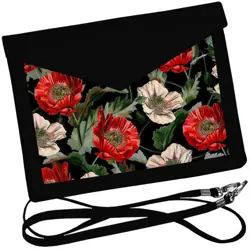 Dámský klutch konvert – elegantní sametová kabelka s potiskem Červené a bílé máky