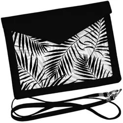 Dámský klutch konvert – elegantní sametová kabelka s potiskem Černé listy na bílém pozadí