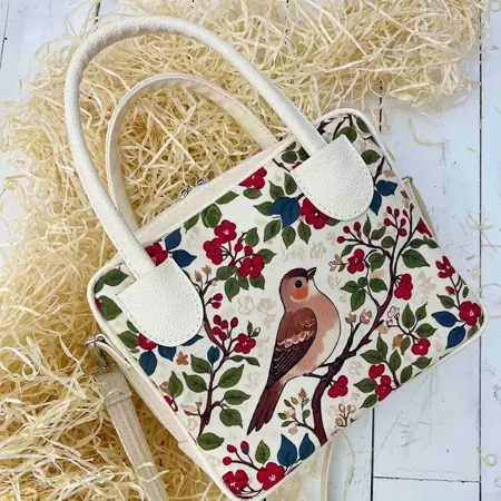 Dámská kabelka Kitto – sametový potisk Pták na kvetoucí větvi