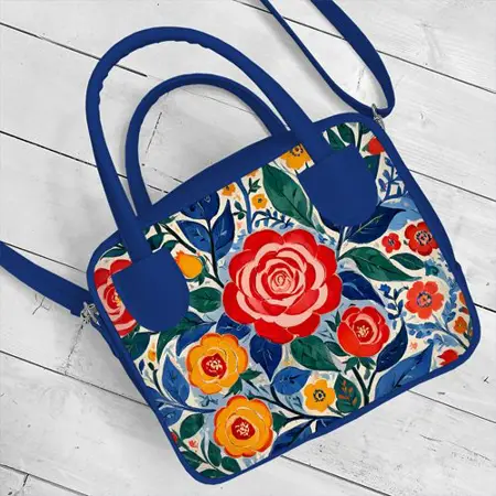 Dámská kabelka Kitto – sametový potisk Květiny na modrém pozadí