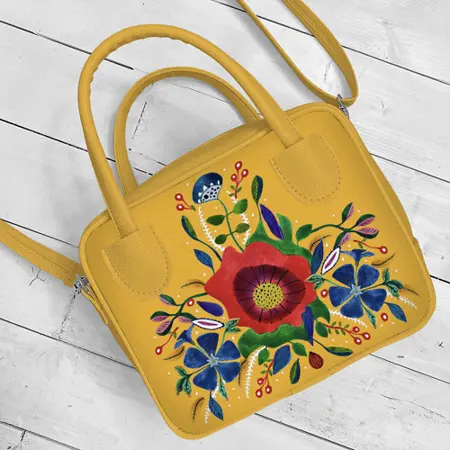 Dámská kabelka Kitto – sametový potisk Květina na žlutém pozadí