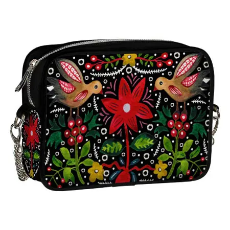 Kabelka na řetízku Cherie Ptáci a květiny na černém pozadí