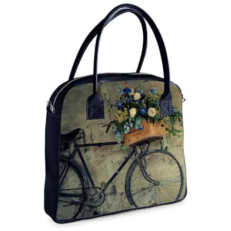  Kabelka s potiskem Oxford Retro kolo s košíkem květin