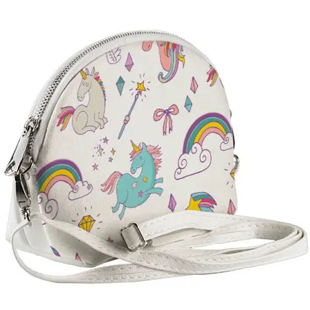 Mini kabelka  Coquette Jednorožci a duhy na bílém pozadí
