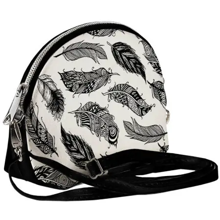 Mini kabelka  Coquette Černé peří na bílém pozadí