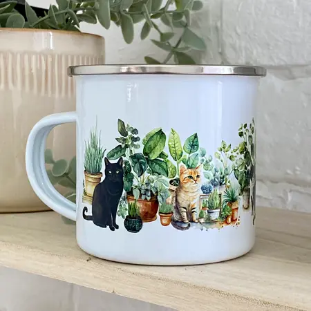 Smaltovaný hrnek Camper Kočky a květináče