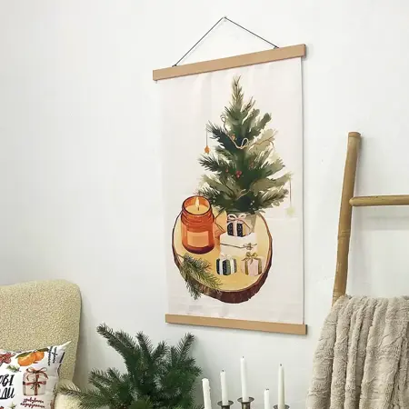 Látkový plakát na zeď Svíčka, vánoční stromeček a dárky
