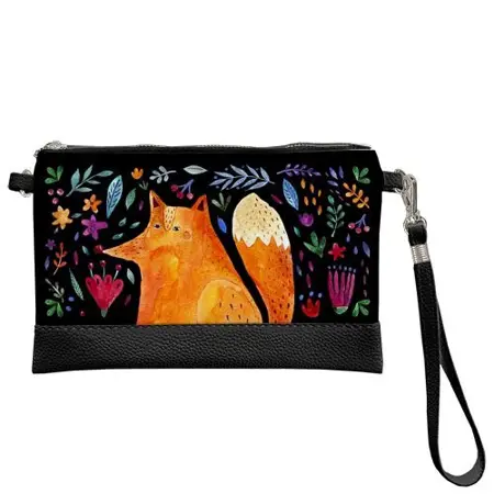 Malá kabelka přes rameno Liška a květiny na černém pozadí