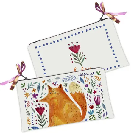 Kosmetická taška MINI – malá látková taštička s potiskem Liška a květiny na bílém pozadí