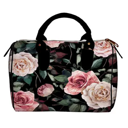 Dámská kabelka Barrel – textilní potisk Růže na černém pozadí