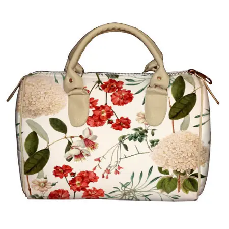 Dámská kabelka Barrel – textilní potisk květiny na mléčném pozadí