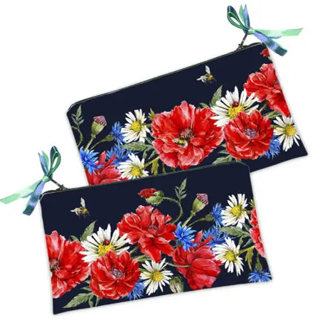Kosmetická taška MINI – malá látková taštička s potiskem  Vlčí máky, sedmikrásky, chrpy