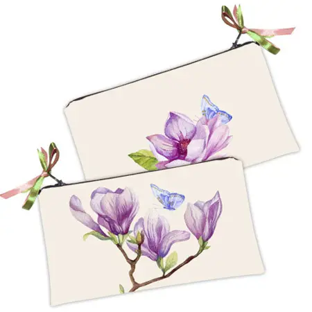 Kosmetická taška MINI – malá látková taštička s potiskem Magnolie a motýl