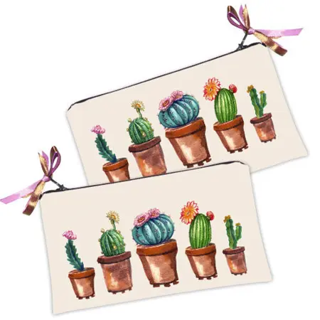 Kosmetická taška MINI – malá látková taštička s potiskem Kvetoucí kaktusy v květináčích