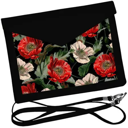 Dámský klutch konvert – elegantní sametová kabelka s potiskem Červené a bílé máky
