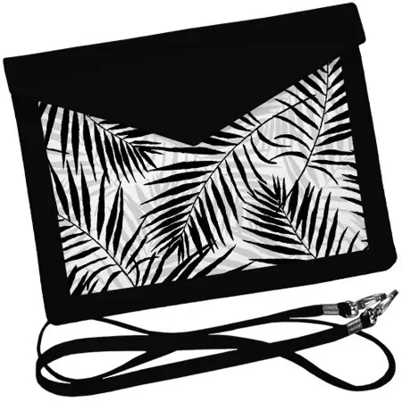 Dámský klutch konvert – elegantní sametová kabelka s potiskem Černé listy na bílém pozadí